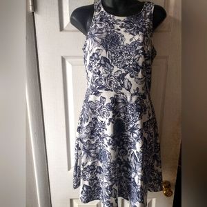Floral Ink Print Navy & White Skater Spring Dress